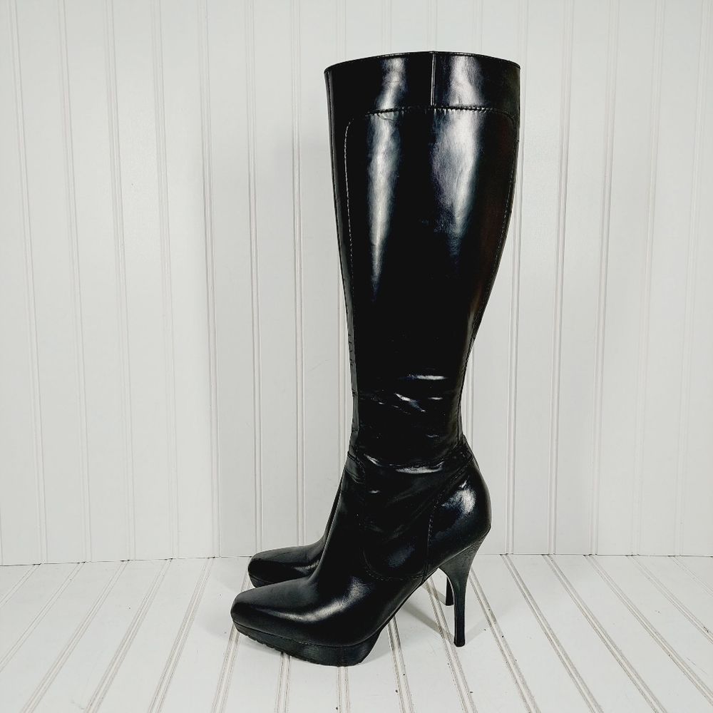 Via Spiga Black Leather Tall Platform Pointy Toe High Heeled Boots D1021
